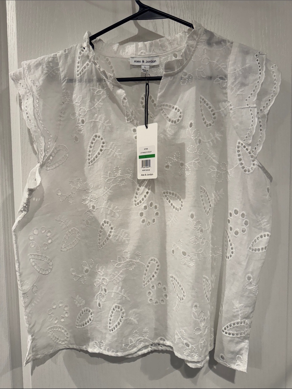 Alex & Jordan White Eyelet Paisley Embroidered Ruffle Blouse L NWT